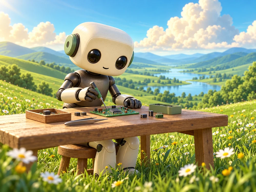 QURI investigates a small circuit board at a meadow workbench