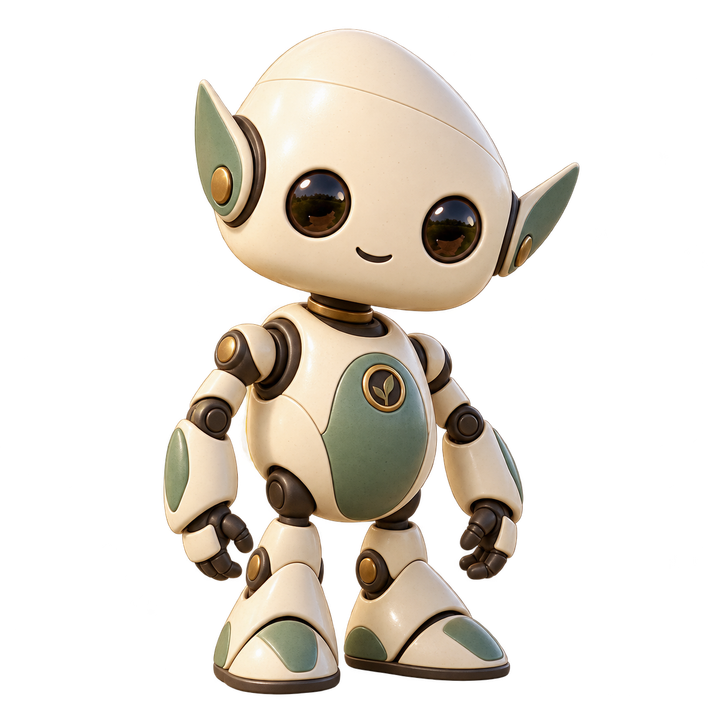 Brook, a smooth cream robot with a rounded head and green fin-shaped ears