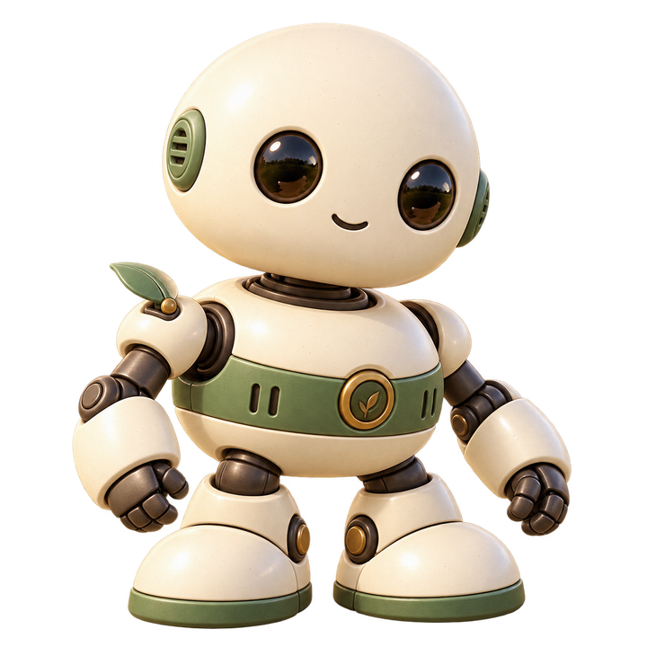 Pebble, a sturdy round-headed cream robot with a green middle and broad little feet