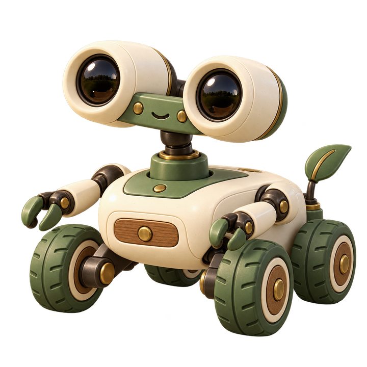 Rover, a friendly four-wheeled cream robot with binocular eyes and small green grippers