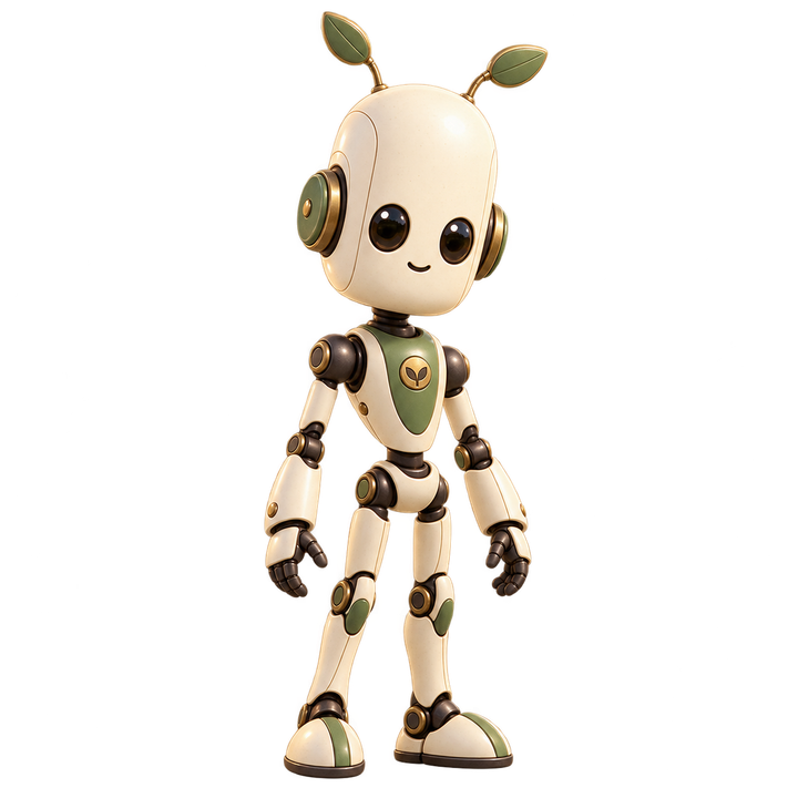 Sprig, a tall slender cream robot with a long capsule head and twin leaf antennae
