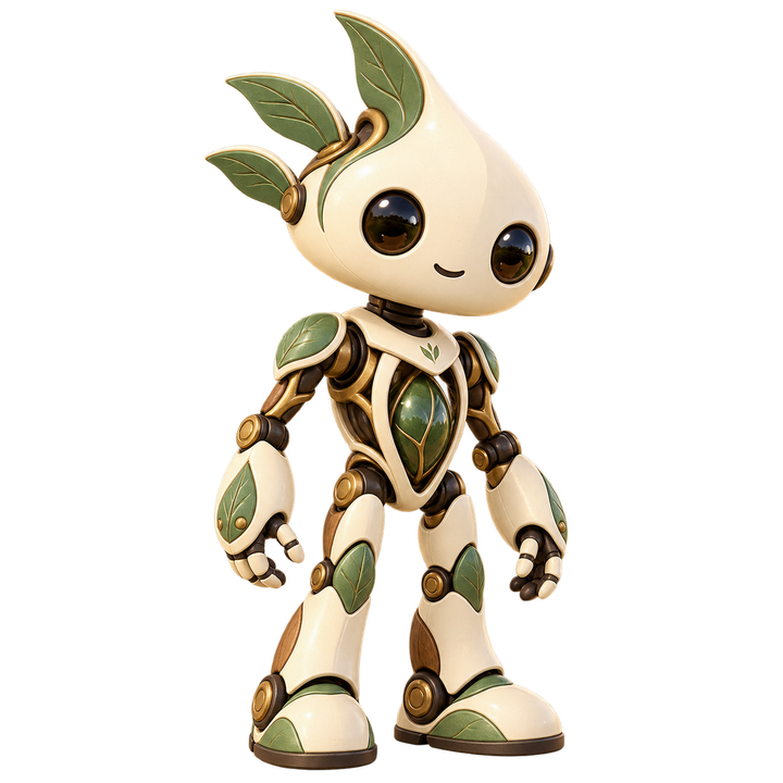 Arbor Prime, a leaf-crested cream robot with a green seed core and branching brass joints