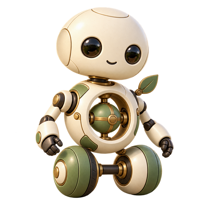Orbit, a round-headed cream robot with an open ring torso, green core and two wheels