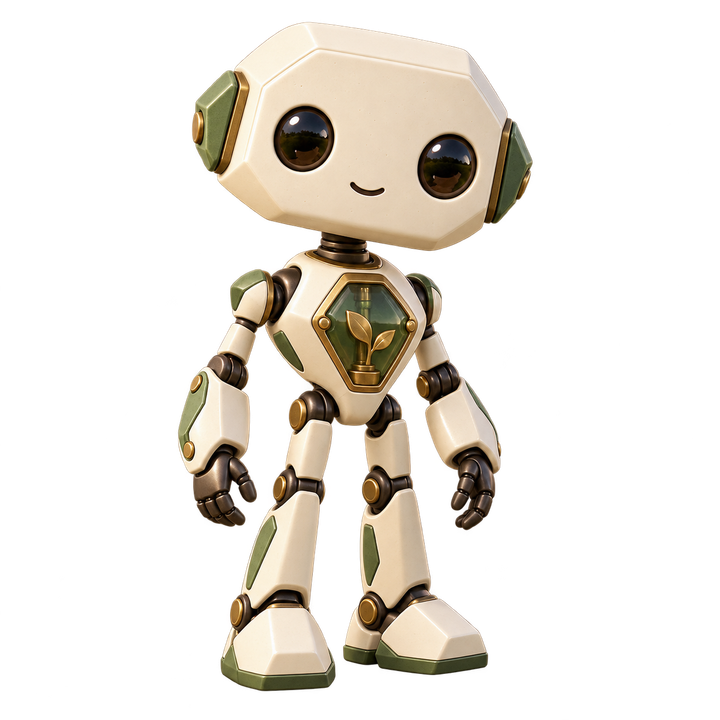 Prism, a faceted cream robot with a brass leaf behind its green glass chest