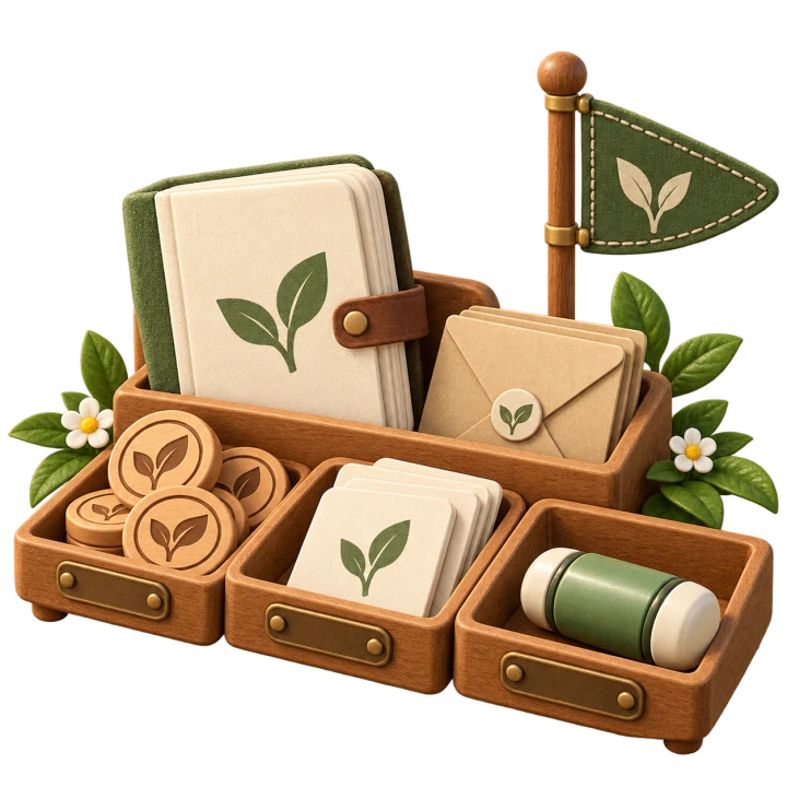 A wooden field station sorts leaf tokens beside a journal and an energy capsule