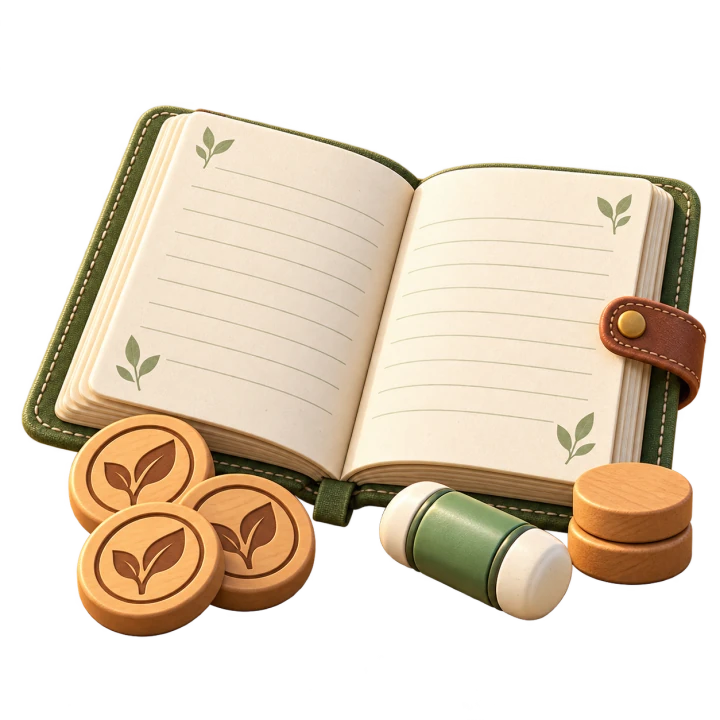 QURI's open expedition ledger, wooden reward tokens and a little green energy flask